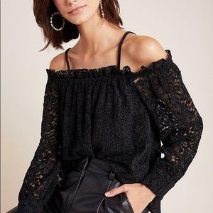 Anthropologie Black Lace Cold Shoulder Top Size: XS
